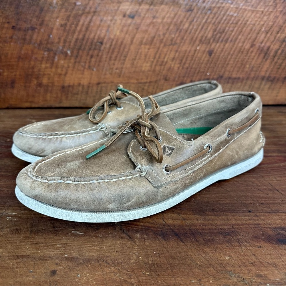 Sperry Top Siders Leather Boat Shoes Size 12 Green Tan